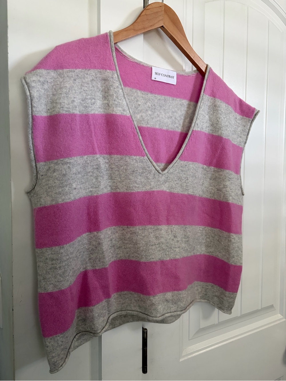 Self Contrast XS Pink and Gray Striped Sleeveless Cashmere Sweater